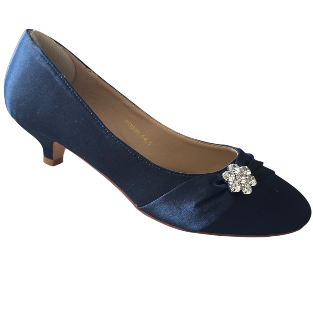 ERIJUNOR Navy Satin Rhinestone Kitten heel Wedding, Bridesmaid, Formal, Size 8.5